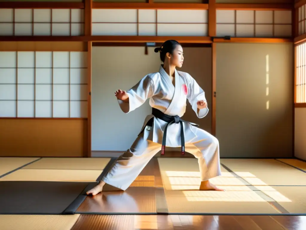 Un maestro de artes marciales ejecuta un impecable patada alta en un tranquilo dojo con arquitectura japonesa, iluminado por la luz del sol