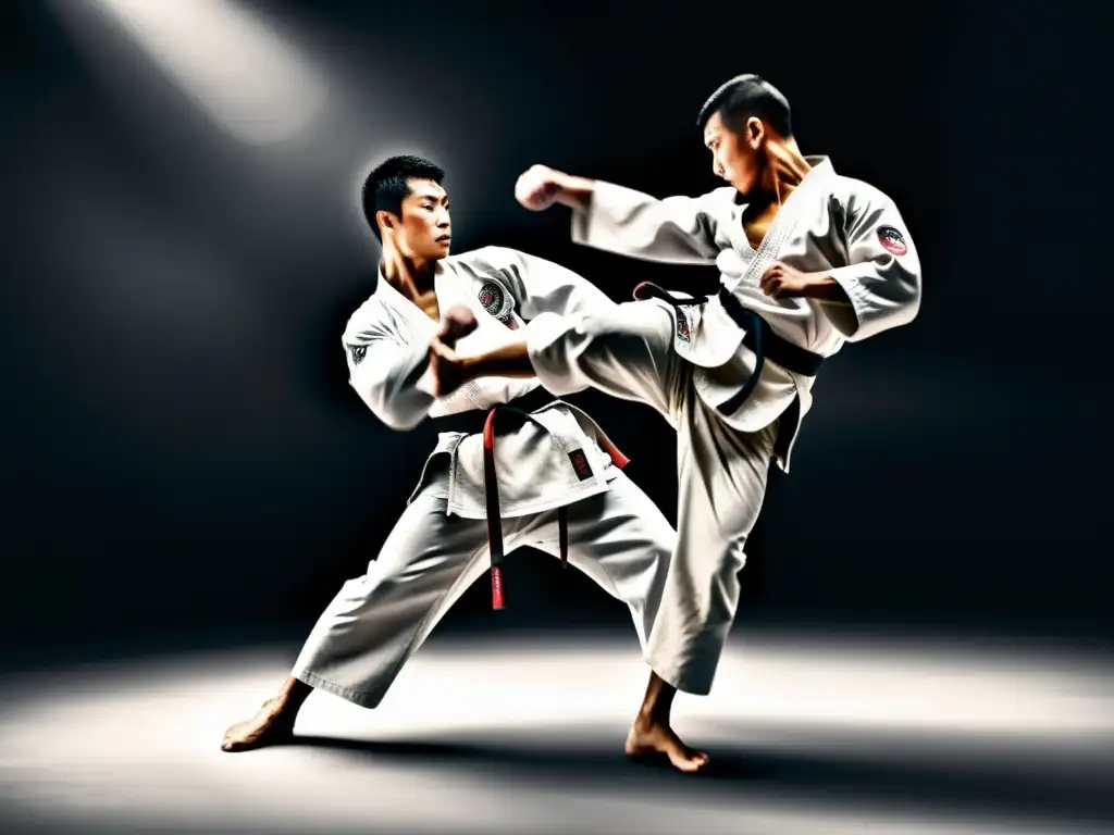 Maestro de artes marciales ejecutando una patada giratoria perfecta Un maestro de artes marciales ejecuta un impecable roundhouse kick, capturando su intensa determinación