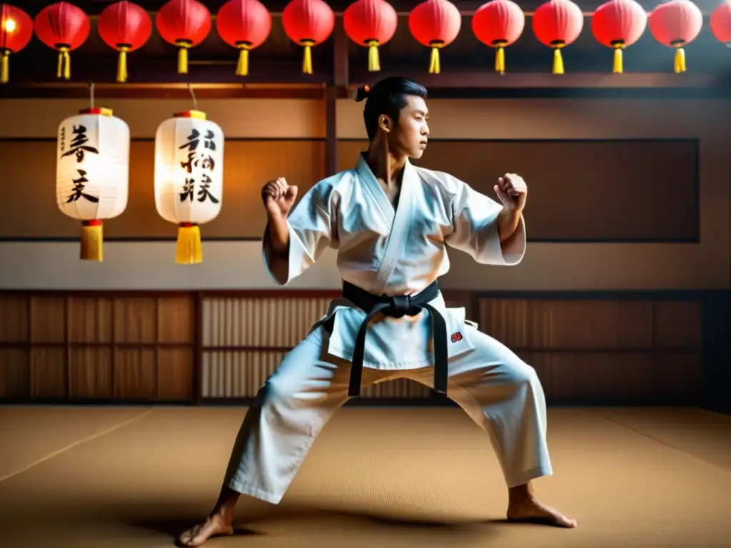 Un maestro de artes marciales ejecuta una impecable kata de karate en un dojo japonés tradicional, mostrando la influencia del karate en artes marciales con intensidad y precisión