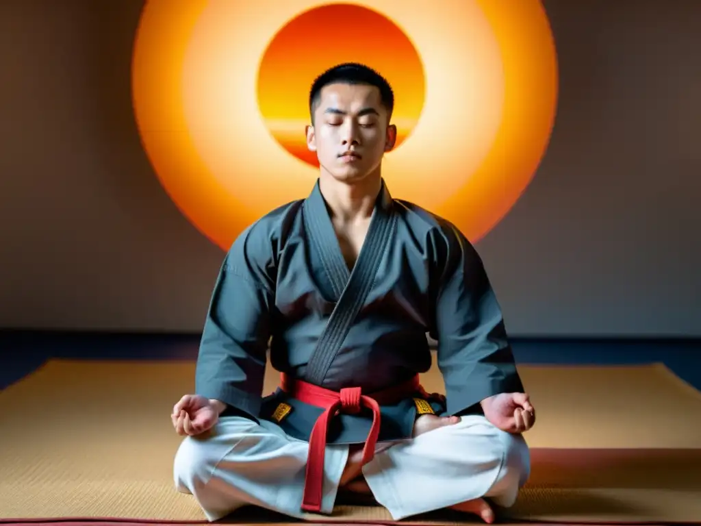 Maestro de artes marciales en meditación, demostrando la importancia de la respiración, rodeado de calma y serenidad en un dojo tradicional