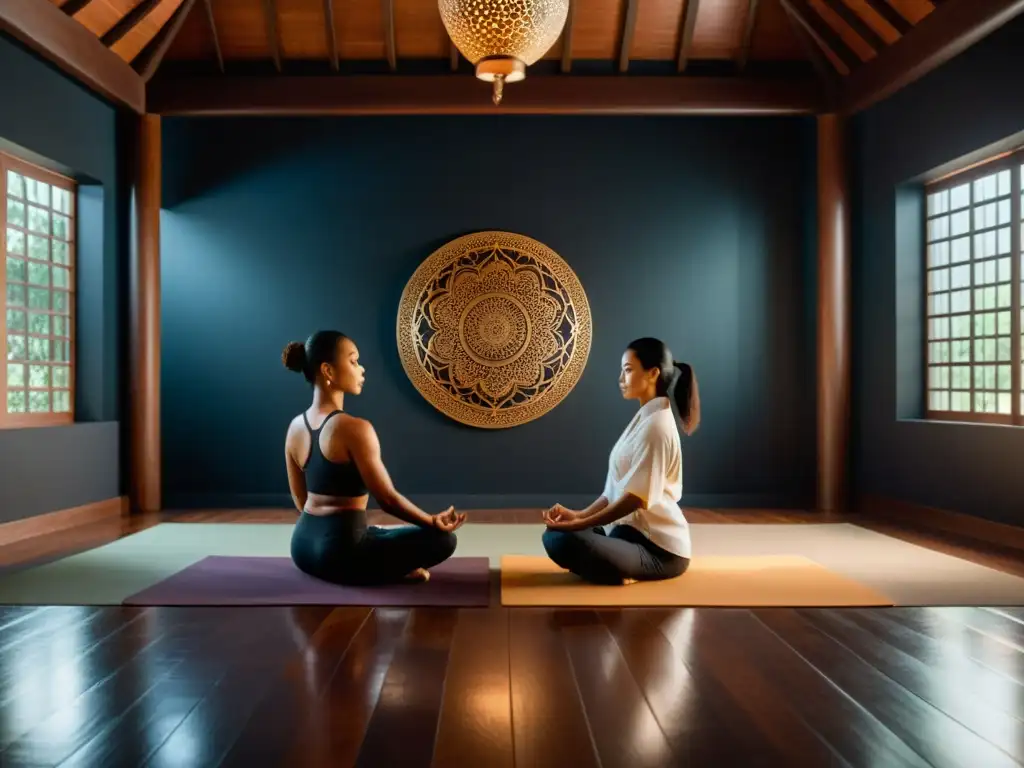 Un maestro de artes marciales y una instructora de yoga en un estudio sereno, simbolizando equilibrio y disciplina