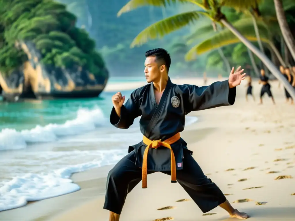 Maestro de artes marciales lidera intenso entrenamiento en la playa de Phuket, Tailandia