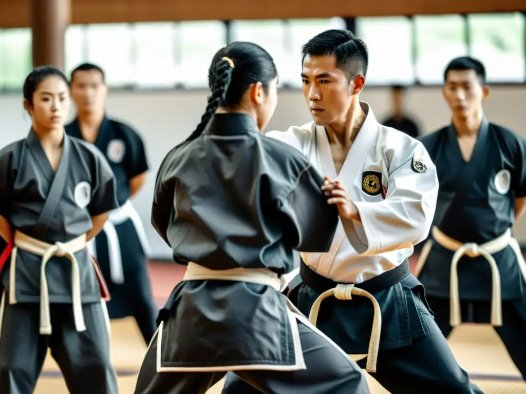 Un maestro de artes marciales lidera un intenso entrenamiento total cuerpo, en un ambiente de respeto y determinación