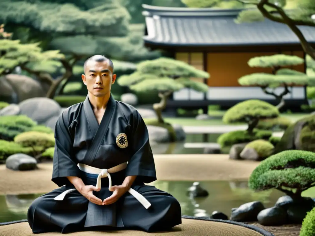 Un maestro de artes marciales en un jardín japonés, reflejando la filosofía epicúrea en artes marciales