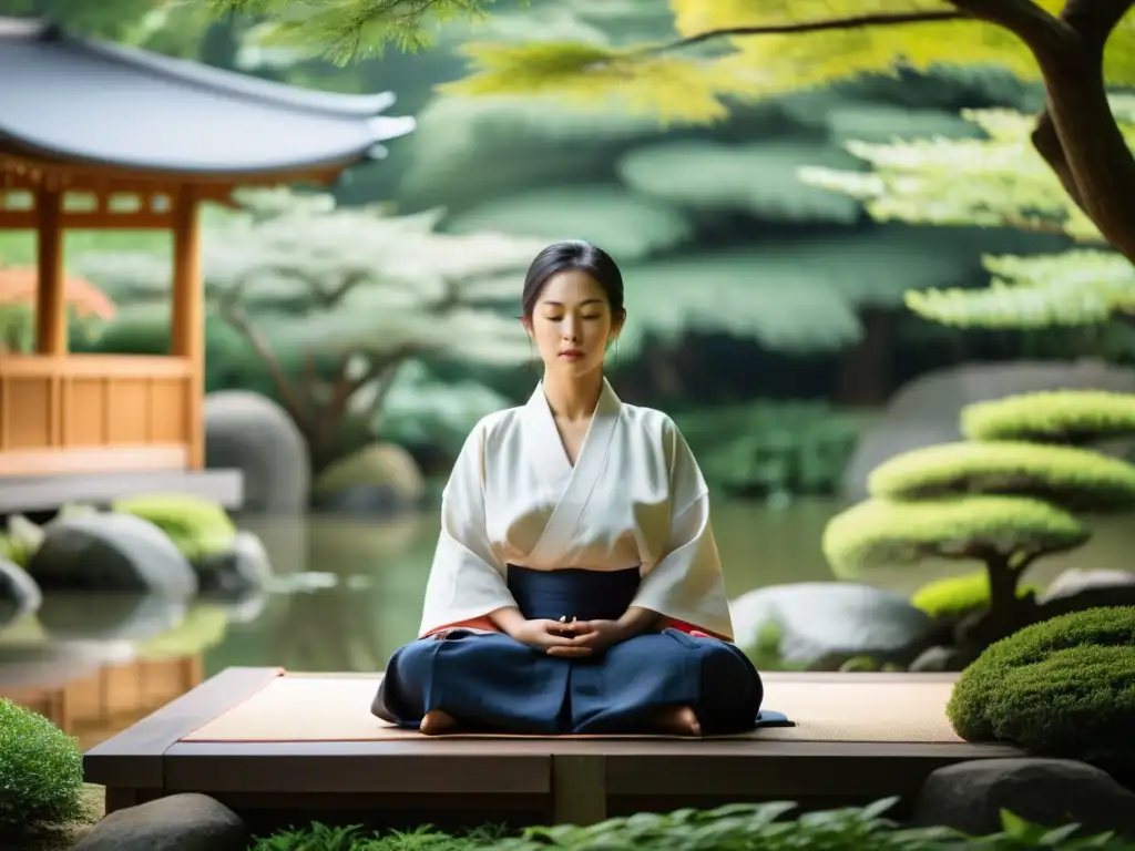 Un maestro de artes marciales en meditación zen en un jardín japonés