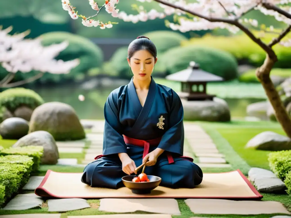 Un maestro de artes marciales japonesas prepara con reverencia una comida equilibrada en un jardín de cerezos