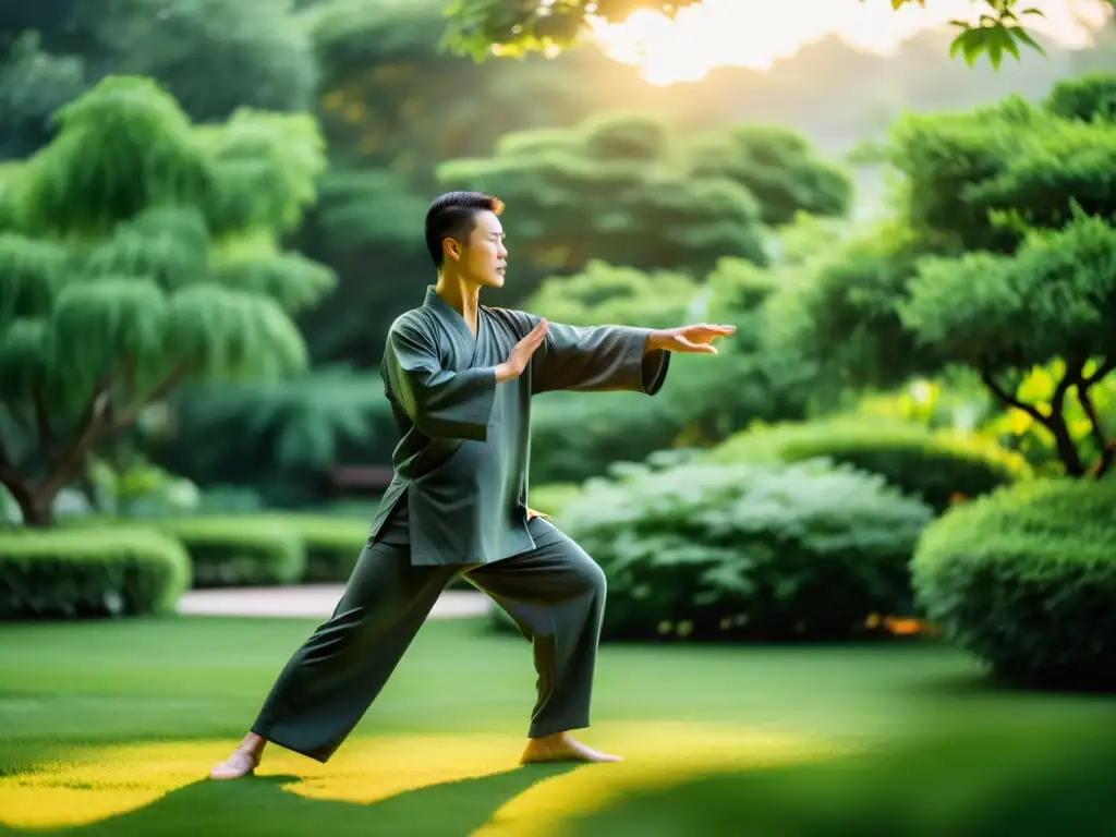 Un maestro de artes marciales practica tai chi en un jardín sereno, en armonía con la naturaleza y la filosofía Zen influencia pensamiento occidental