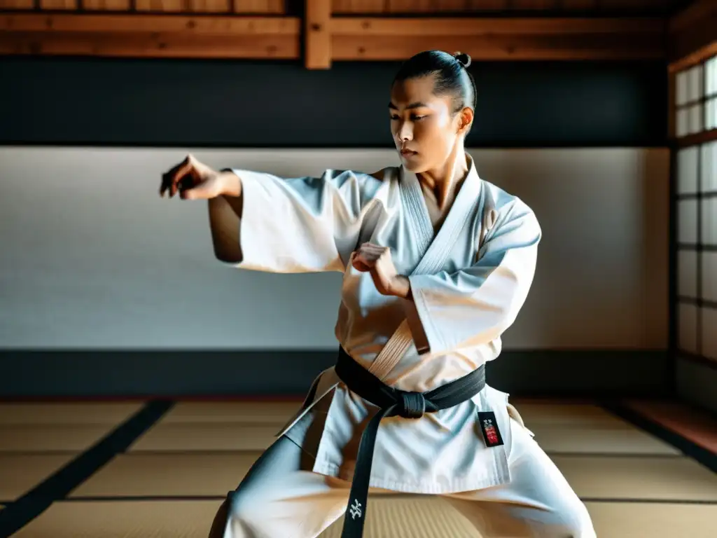 Un maestro de artes marciales ejecuta una kata precisa en un dojo sereno