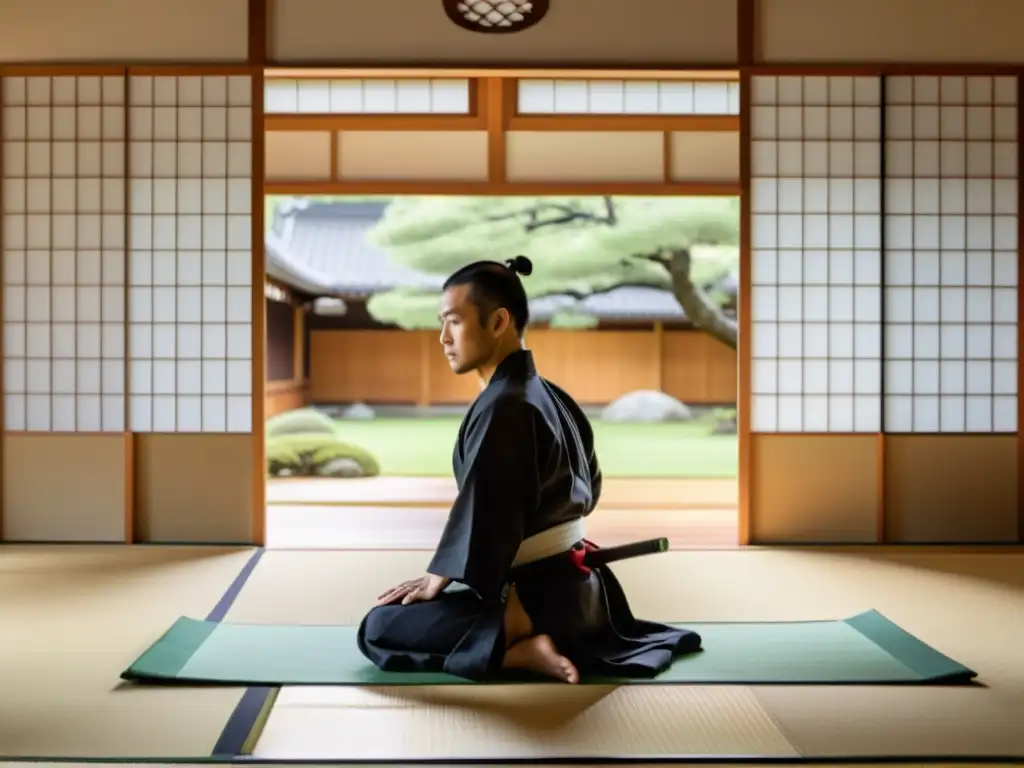 Un maestro de artes marciales practica kata con concentración en un dojo sereno, donde se fusiona la filosofía zen en artes marciales