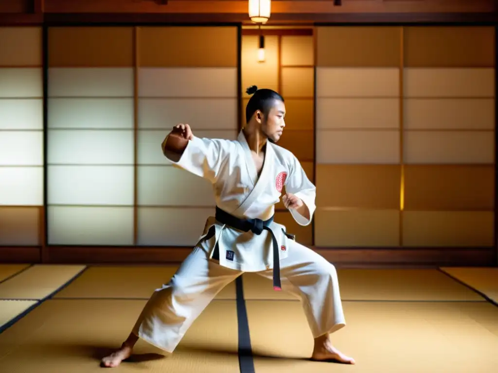 Un maestro de artes marciales realiza un kata en un dojo tranquilo, iluminado por luz dorada filtrada a través de pantallas japonesas