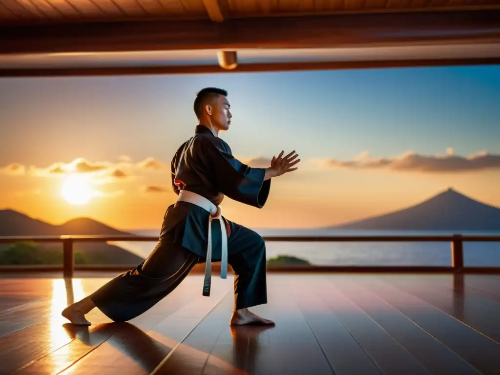 Maestro de artes marciales practicando kata al atardecer, reflejando lecciones de resiliencia en artes marciales con movimientos precisos y poderosos