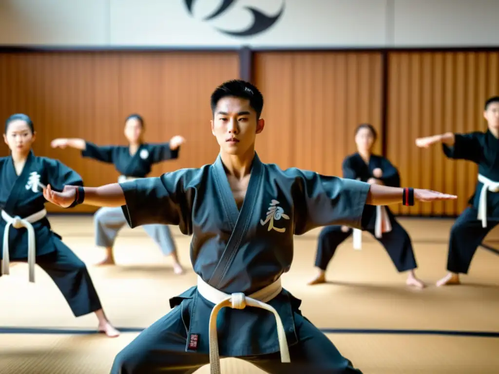 Maestro de artes marciales enseña prevención lesiones a estudiantes en dojo tradicional