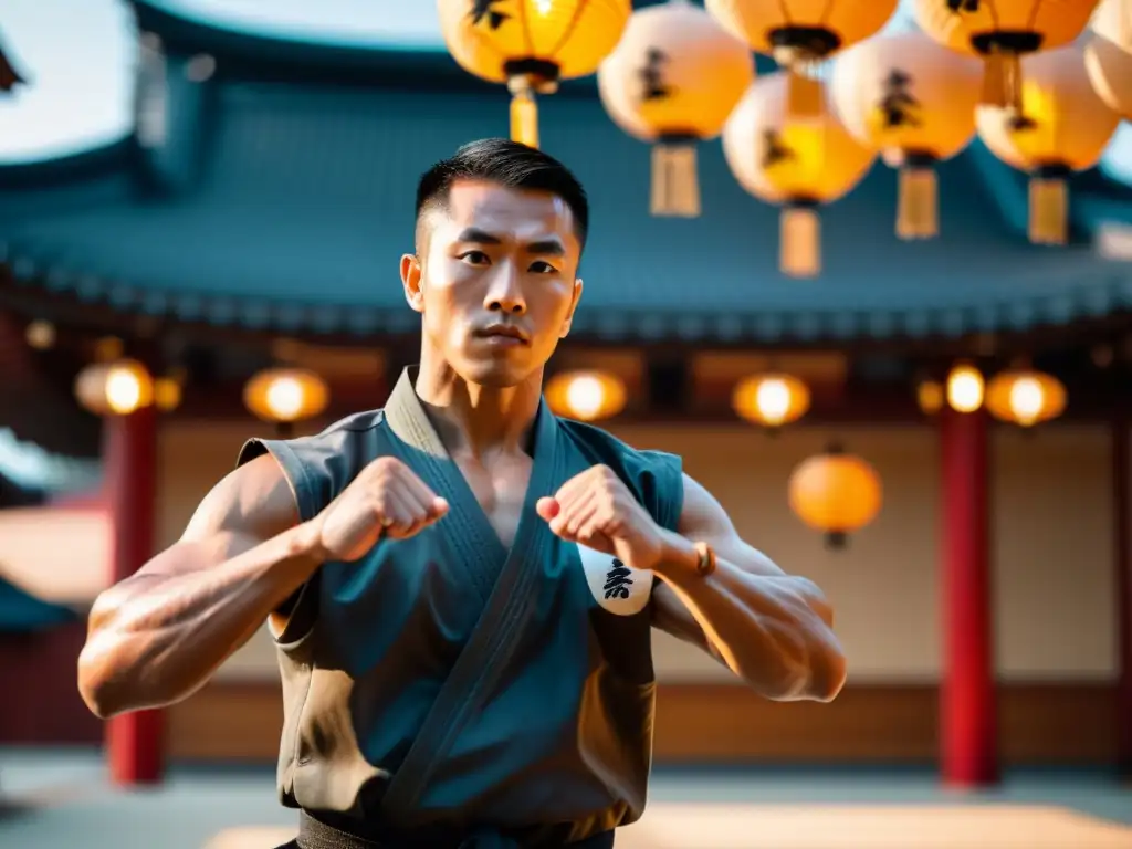 Maestro de artes marciales en línea demostrando movimientos precisos y potentes en un dojo tradicional japonés