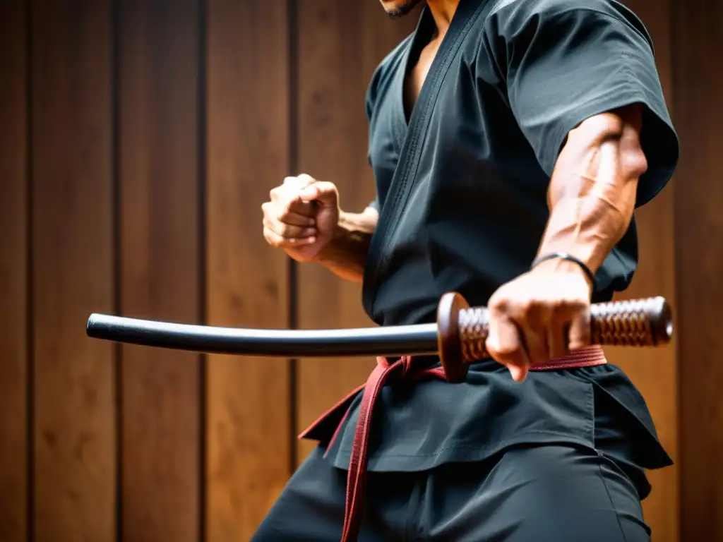 Un maestro de artes marciales muestra con maestría el manejo de un nunchaku de madera