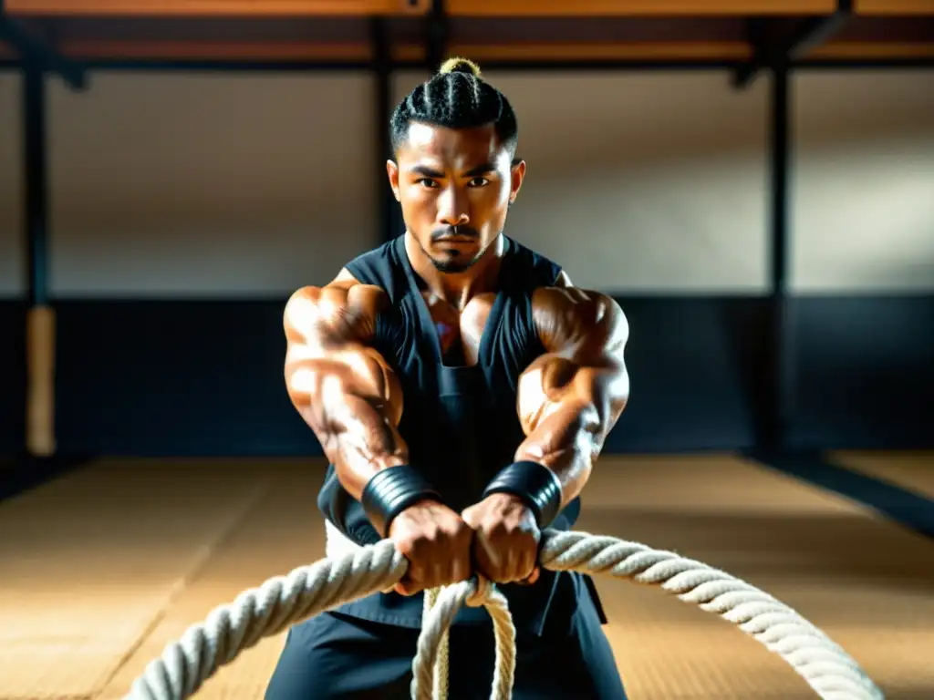 Un maestro de artes marciales maniobra con destreza cuerdas de batalla en un dojo tradicional, mostrando determinación y técnica en el entrenamiento marcial con cuerdas de batalla