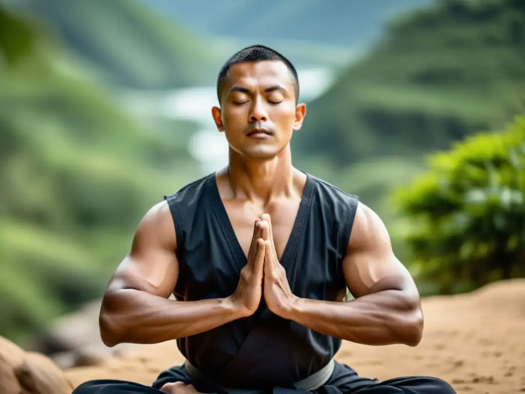 Maestro de artes marciales en meditación profunda, practicando pranayama en un paisaje sereno