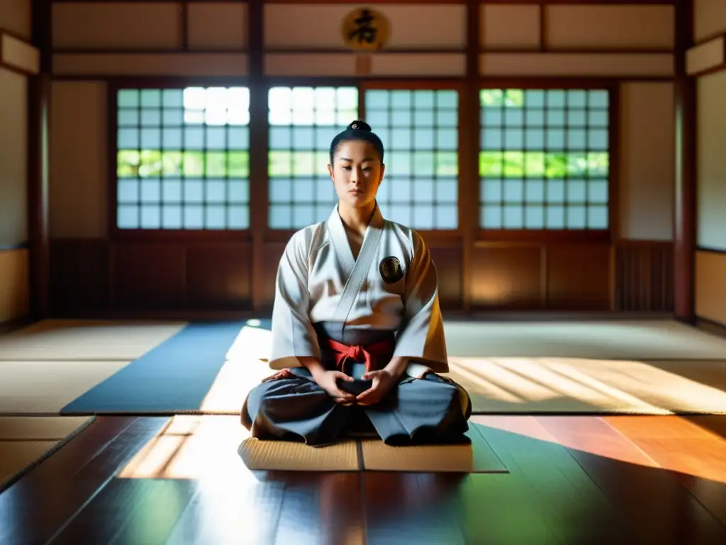 Un maestro de artes marciales en meditación profunda en un dojo sereno