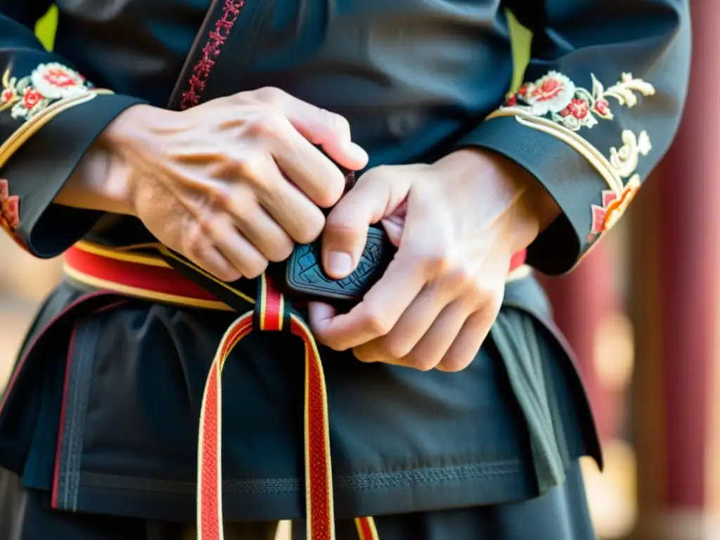 Un maestro de artes marciales ata con determinación su mejor cinturón artes marciales en un dojo tradicional, con manos y cinturón desgastados