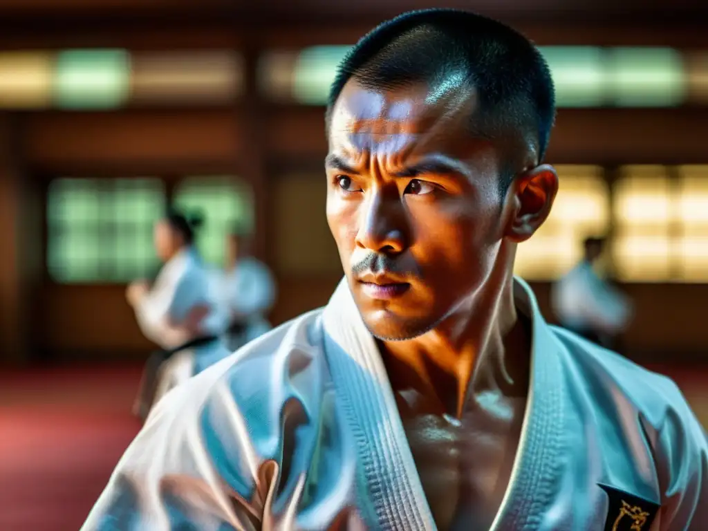 Maestro de artes marciales demostrando un movimiento preciso en un dojo lleno de estudiantes