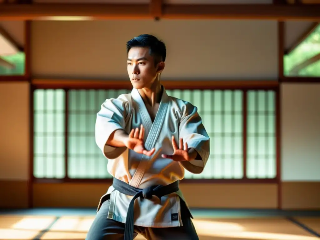 Un maestro de artes marciales muestra movimientos precisos y controlados en un dojo sereno y soleado