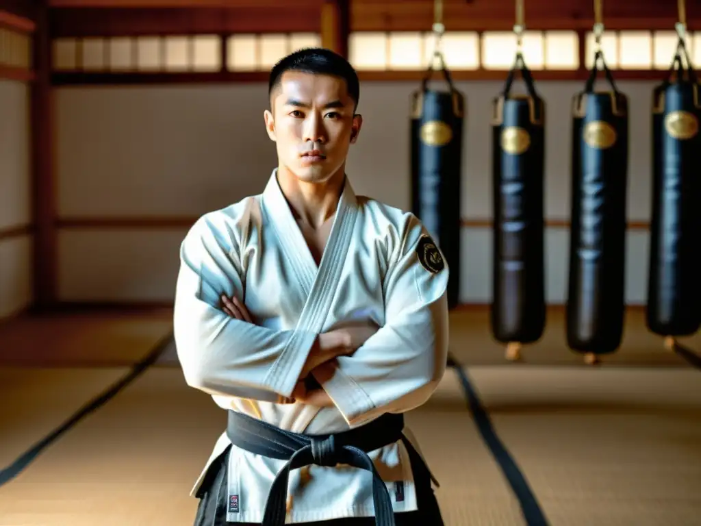 Un maestro de artes marciales demuestra movimientos precisos en un dojo tradicional