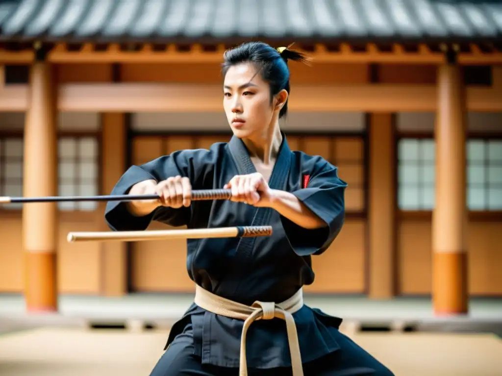 Un maestro de artes marciales muestra movimientos fluidos con un bastón en un dojo sereno