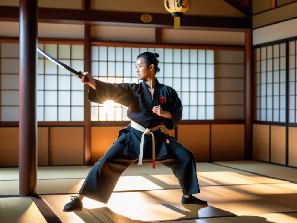 Maestro de artes marciales demostrando movimientos precisos con espada en un dojo tradicional iluminado por el sol