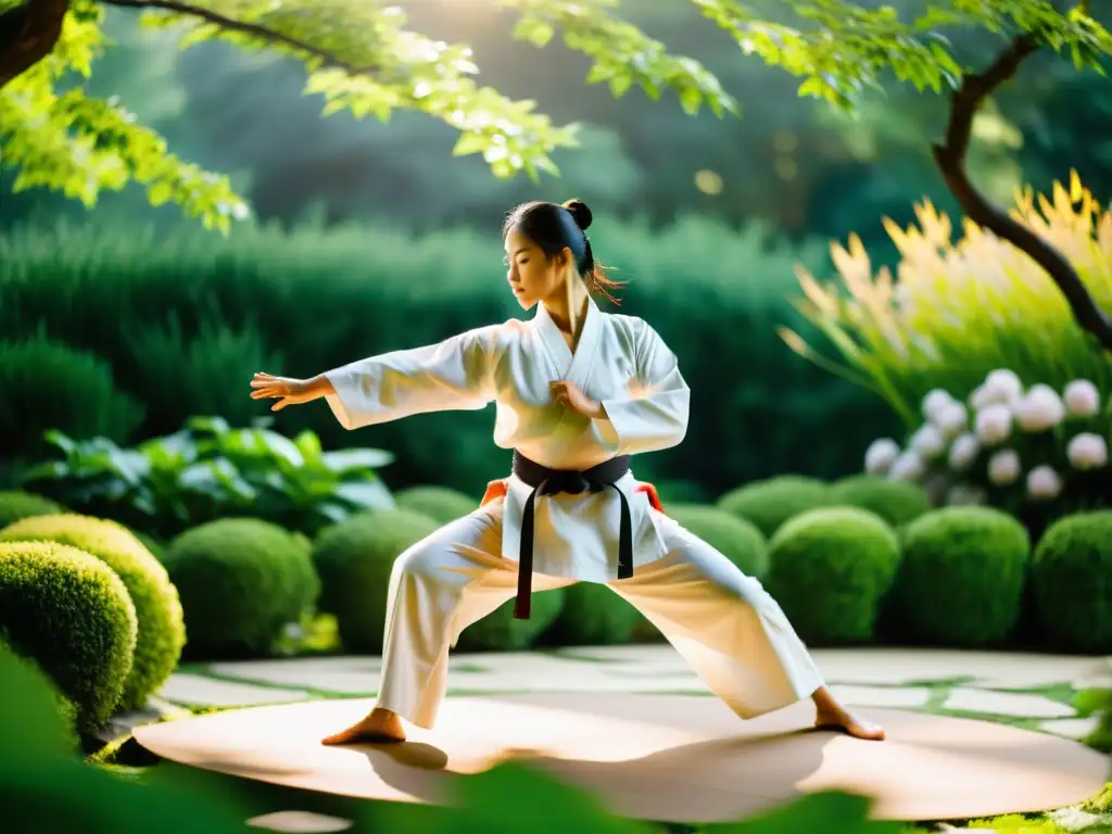 Un maestro de artes marciales ejecuta movimientos fluidos en un jardín tranquilo, demostrando fuerza y flexibilidad