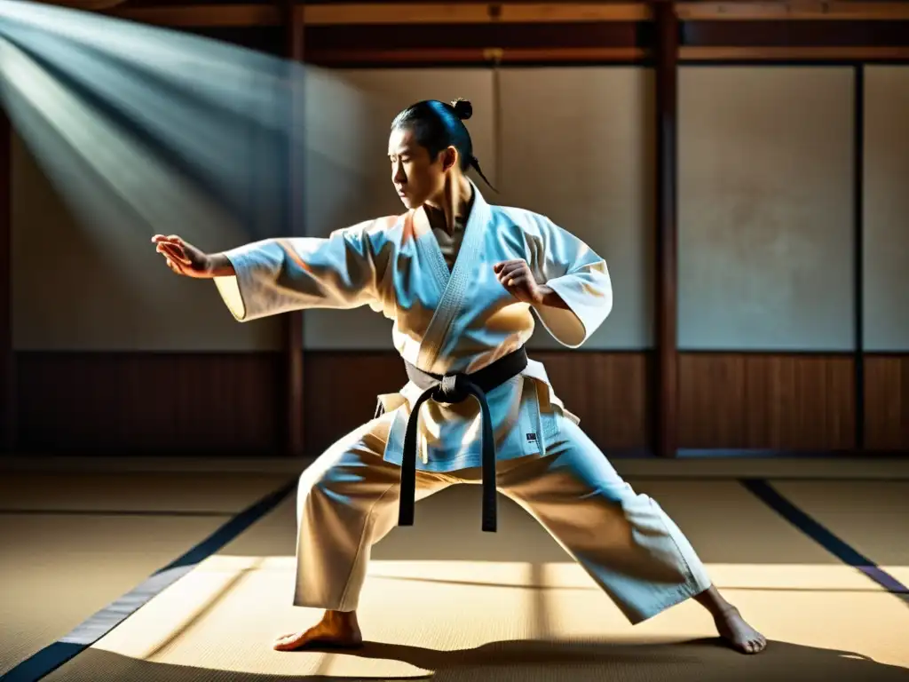 Maestro de artes marciales demostrando movimientos fluidos y poderosos en un dojo tradicional, capturando la disciplina y fuerza del entrenamiento