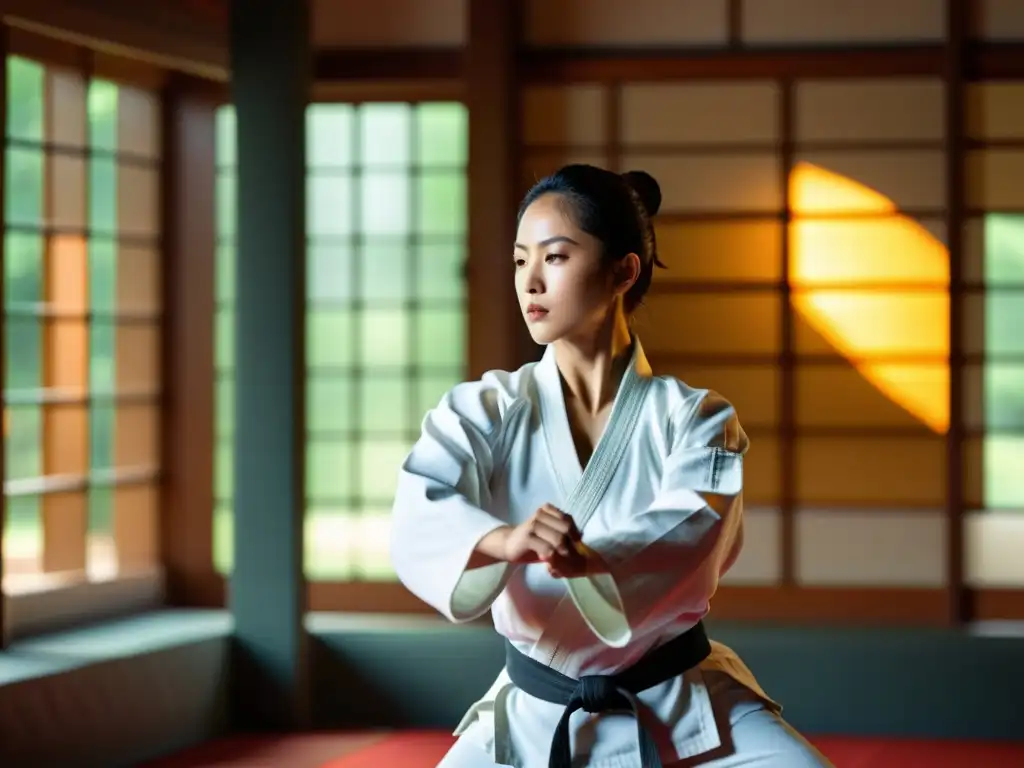 Un maestro de artes marciales ejecuta movimientos precisos en un dojo sereno, irradiando fuerza y concentración