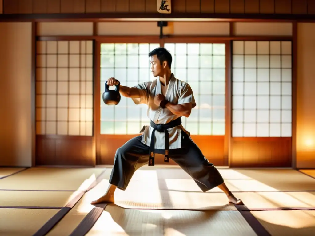 Un maestro de artes marciales realiza movimientos gráciles con una pesa rusa en un dojo tradicional, iluminado por la cálida luz del sol