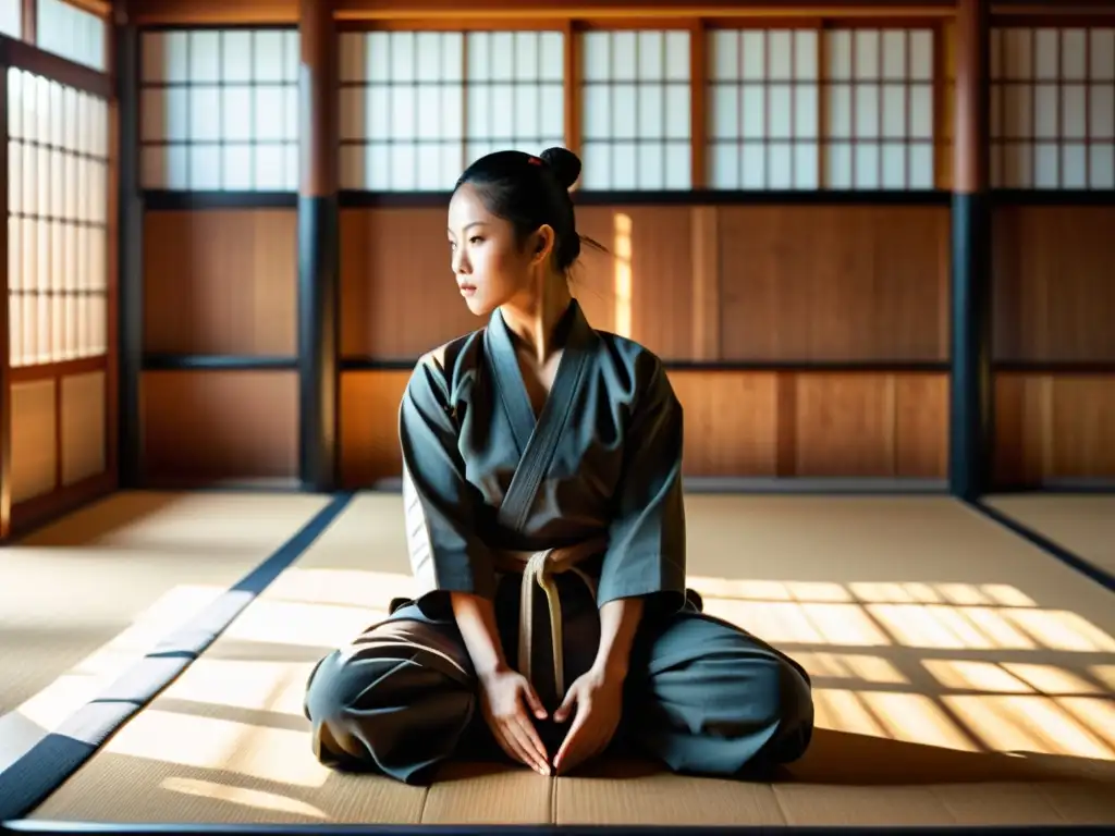 Un maestro de artes marciales practica movimientos precisos y controlados en un dojo tradicional, iluminado por la luz de la tarde