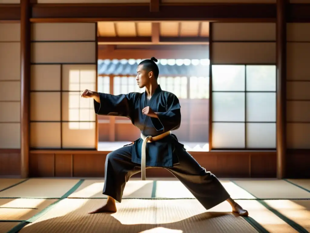 Un maestro de artes marciales practica movimientos precisos en un dojo tradicional, con luz de tarde filtrándose por las ventanas de papel