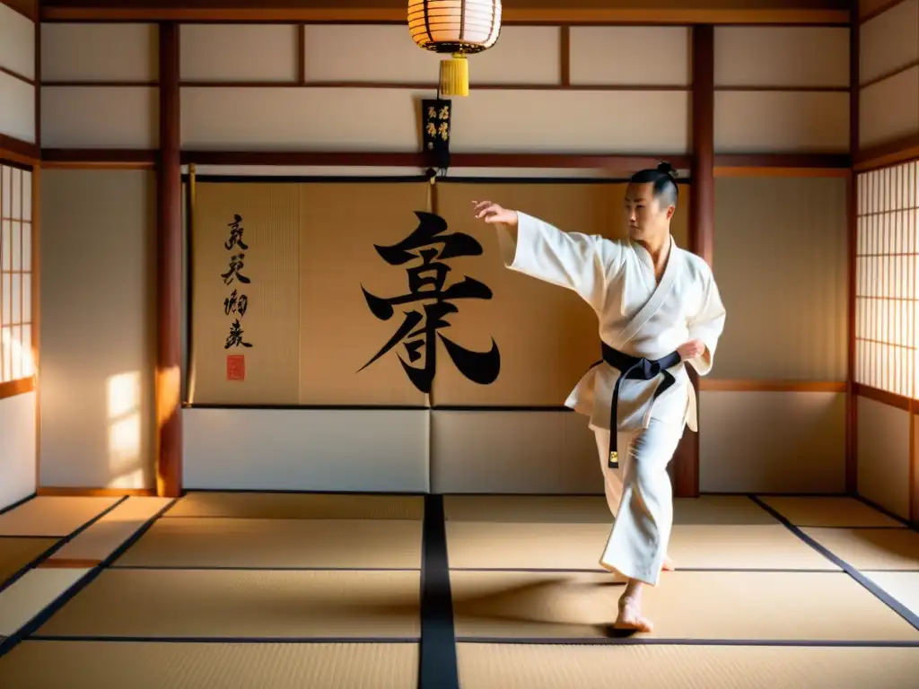 Un maestro de artes marciales muestra movimientos fluidos en un dojo sereno, con decoración tradicional japonesa y luz natural suave