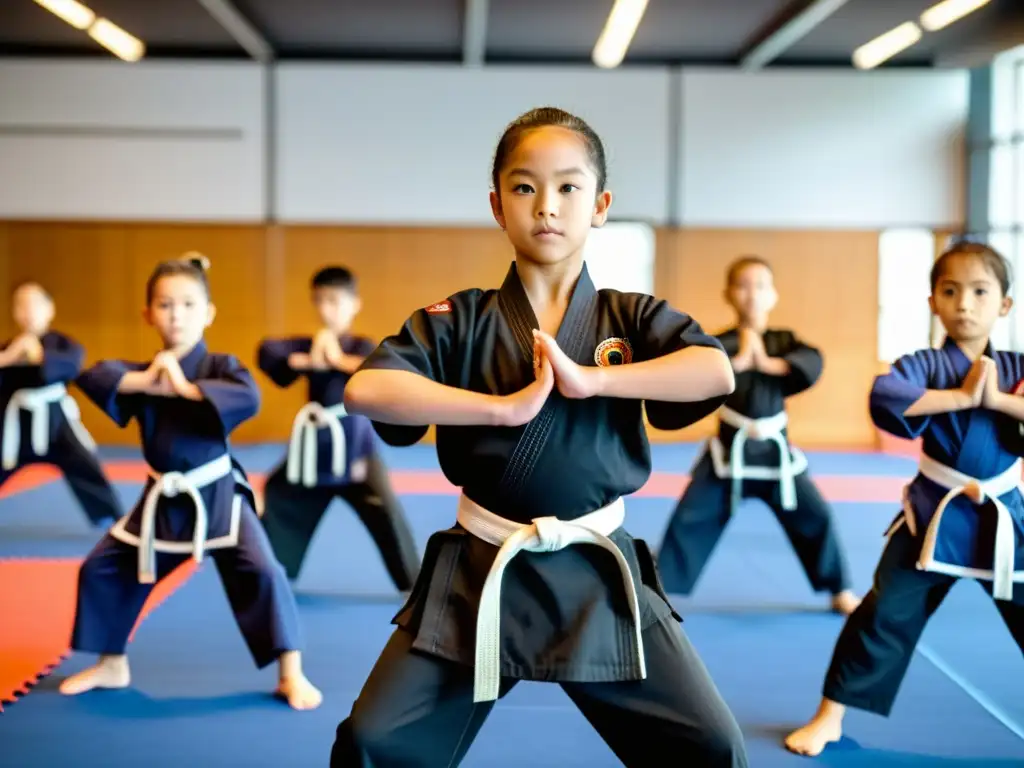 Maestro enseñando artes marciales a niños, promoviendo la prevención del bullying con disciplina y determinación