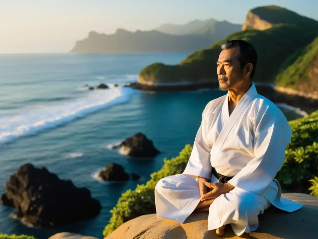 Maestro de artes marciales Okinawense en meditación junto al mar, reflejando la historia milenaria y la sabiduría del Karate