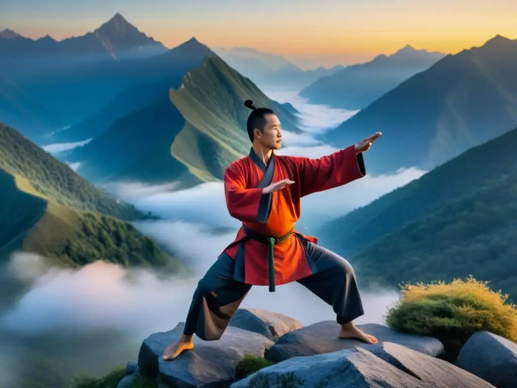 Un maestro de artes marciales practica tai chi al amanecer en un paisaje montañoso