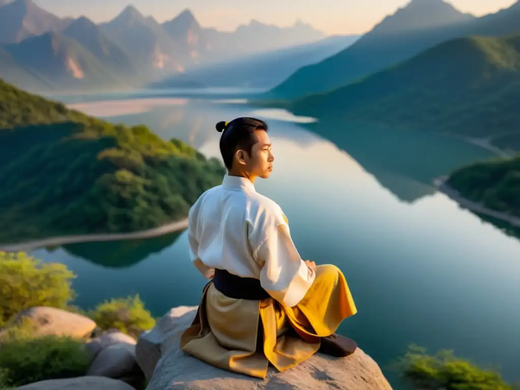 Un maestro de artes marciales en meditación, con un paisaje sereno al amanecer