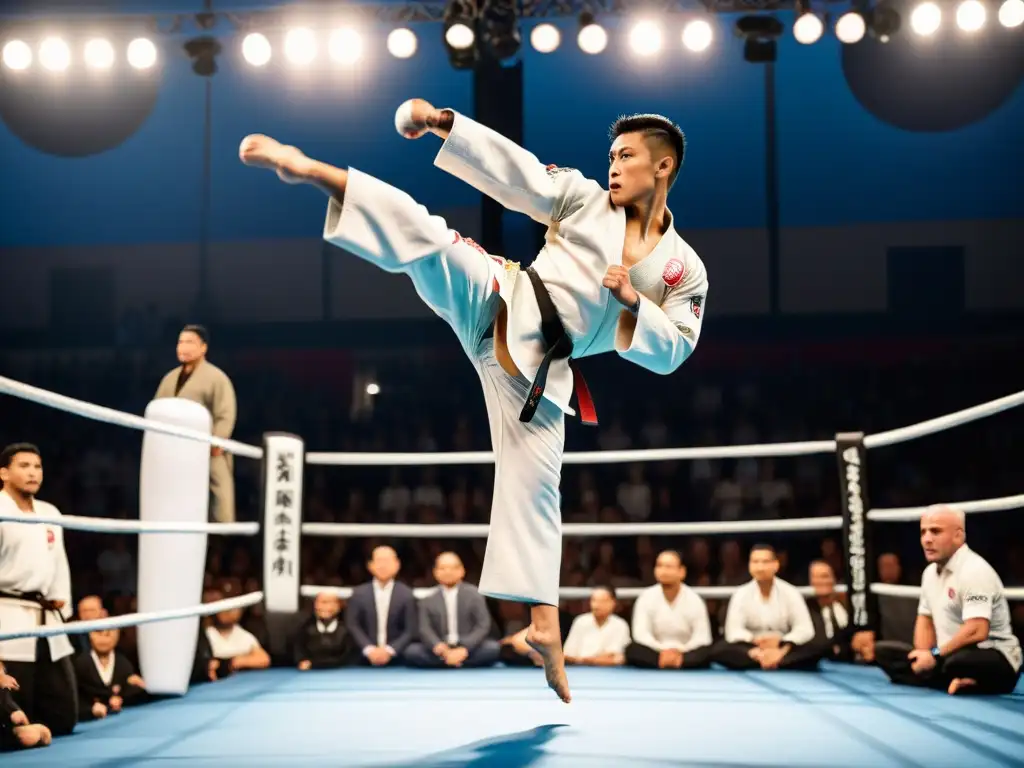 Un maestro de artes marciales ejecutando una patada alta con determinación, mientras una audiencia diversa lo observa con asombro