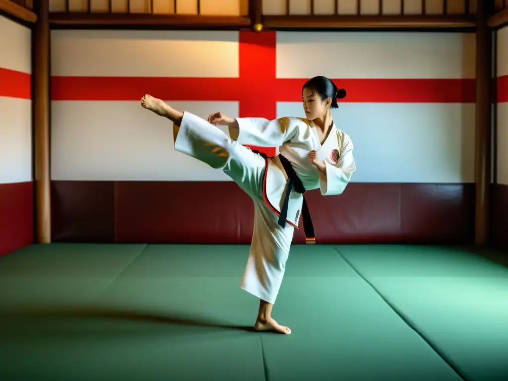 Maestro de artes marciales ejecutando una patada giratoria poderosa y equilibrada en un dojo pintoresco, inspirando dedicación y disciplina