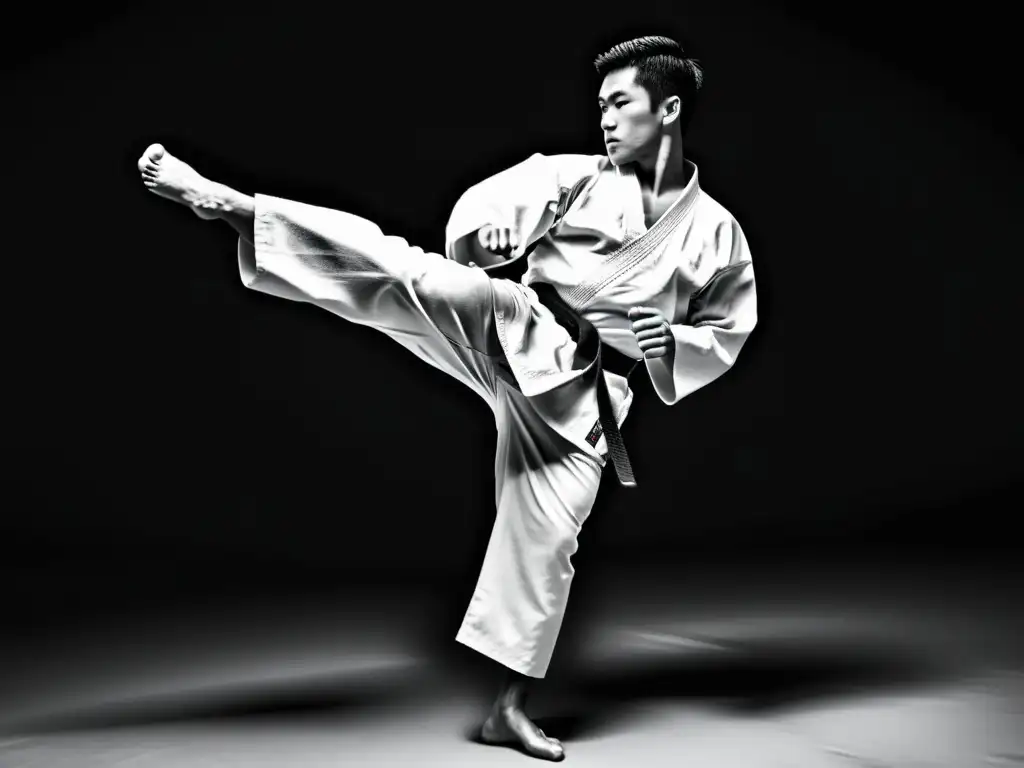 Un maestro de artes marciales ejecuta una patada de karate con concentración intensa, en un dojo tradicional