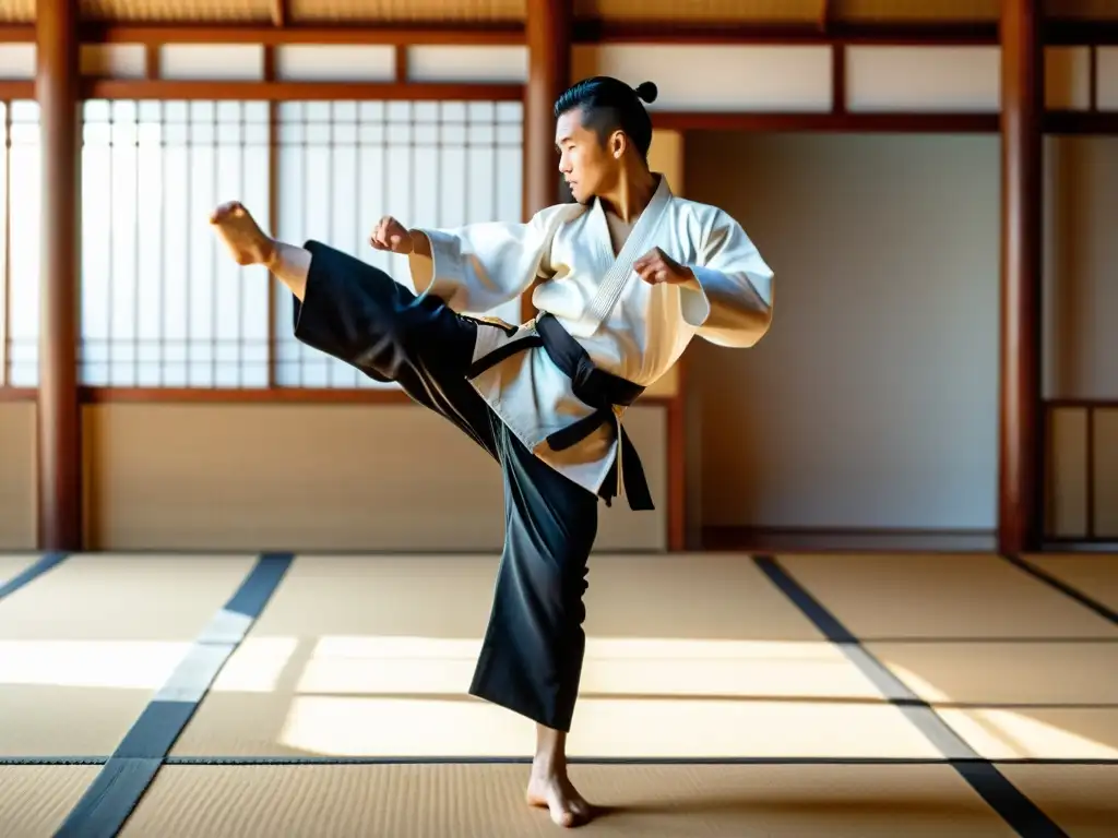 Maestro de artes marciales ejecutando una patada perfecta en el libro 'KarateDo: Mi Camino' con enfoque en disciplina y habilidad en un dojo sereno