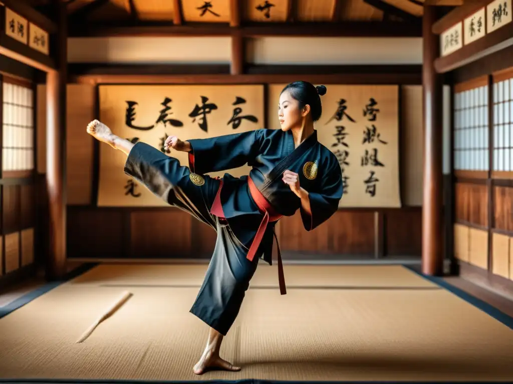 Maestro de artes marciales realiza patada perfecta en dojo tradicional Maestro de artes marciales ejecutando una patada perfectamente equilibrada en un dojo tradicional, enfocado en la disciplina y precisión