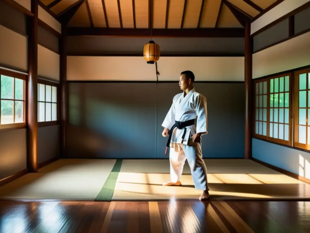 Un maestro de artes marciales demuestra una patada precisa en un dojo tradicional, irradiando disciplina y tradición