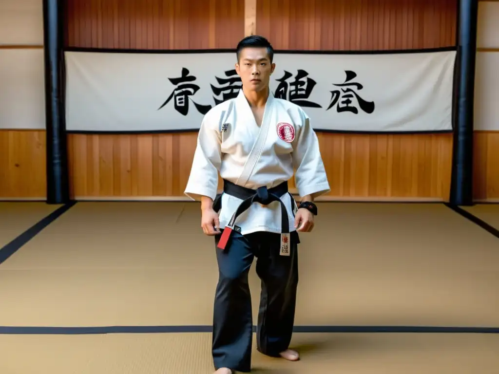Un maestro de artes marciales demuestra una patada precisa en un dojo tradicional, rodeado de estudiantes concentrados en su entrenamiento
