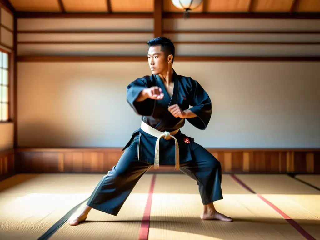 Un maestro de artes marciales muestra una patada precisa y poderosa en un dojo tradicional, destacando la concentración y la disciplina