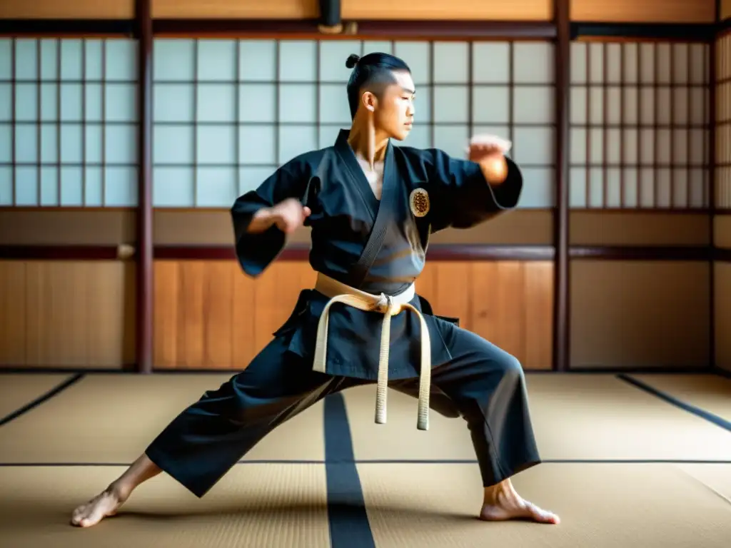 Un maestro de artes marciales ejecuta una patada poderosa en un dojo tradicional, reflejando la tradición y la fuerza de sus movimientos