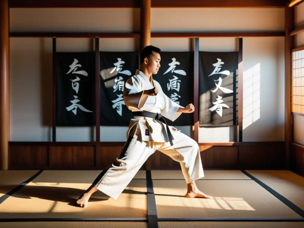 Un maestro de artes marciales ejecuta una patada perfecta en un dojo japonés, iluminado por la luz del sol a través de las pantallas shoji