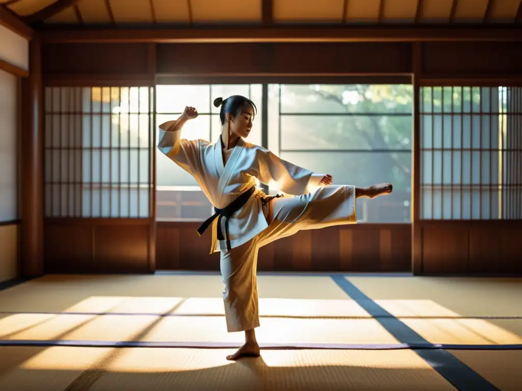 Maestro de artes marciales ejecutando una patada perfecta al amanecer en un dojo tradicional, transmitiendo la esencia de la filosofía zen