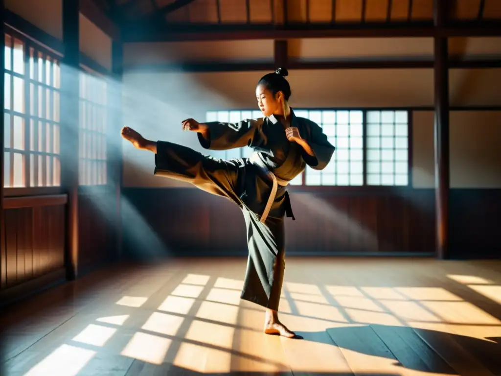 Un maestro de artes marciales realiza una patada precisa y poderosa en un dojo tradicional, con luz solar y sombras dramáticas en el suelo de madera